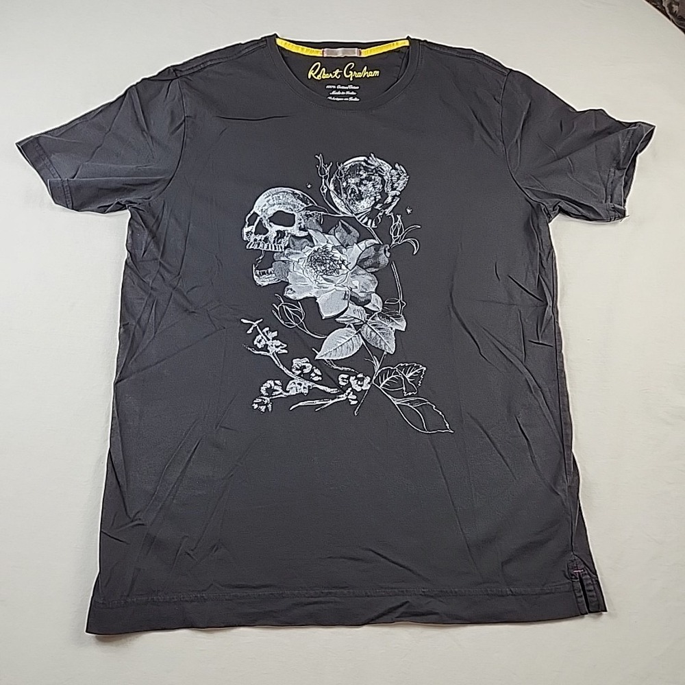 Robert Graham Mens Black Skull Flowers Graphic T-Shirt Size M Short Sleeve